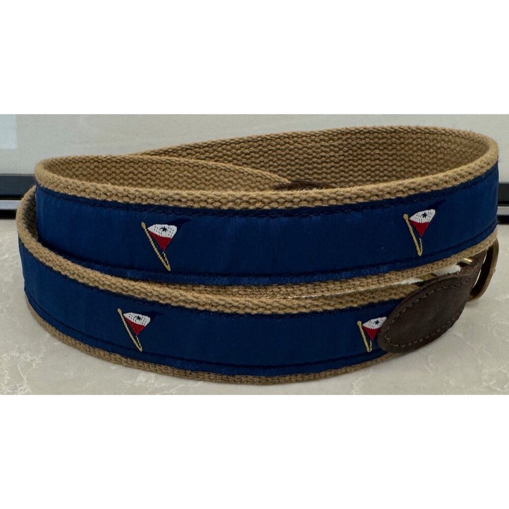 Yacht Club Flag - Canvas Leather Belt - Men's Size 36 - VINTAGE - Blue